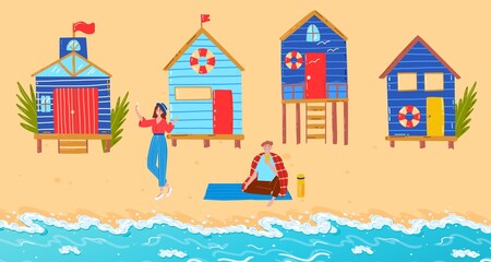 Summer beach with family, vector illustration, flat man woman character travel near sea, vacation at tropical ocean shore with stilt house.