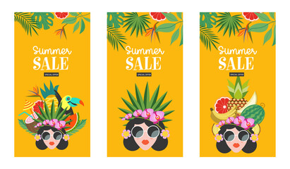 Summer bright poster. A beautiful girl with a hairstyle decorated with exotic flowers and fruits.