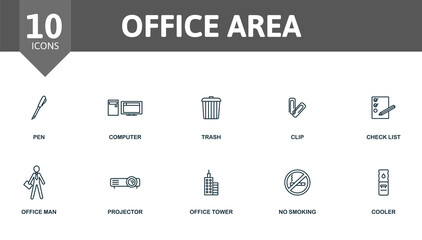 Obraz premium Office Area icon set. Contains editable icons office theme such as pen, trash, check list and more.