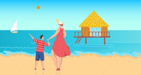 Family near ocean water, vector illustration. Flat woman boy character rest at sea shore, mother son kid at summer vacation, look at stilt house
