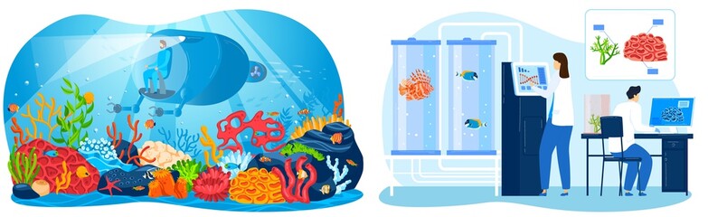 Naklejka na ściany i meble Underwater sea research, vector illustration, flat man character use aquatic equipment to explore marine nature, modern submarine in deep ocean