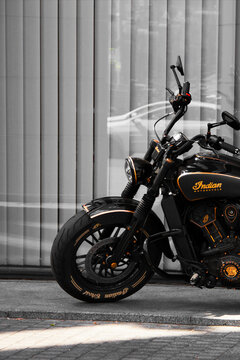 Kiev, Ukraine - May 22, 2021: Indian motorcycle. Black matte motorcycle Indian parked in the city