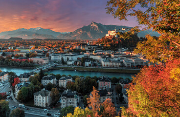 Wonderful view on iconic view of the historic city of Salzburg with famous Hohensalzburg Fortress....