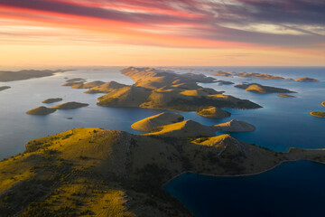 Aerial view of Kornati island archipelago at sunrise. Kornati National Park, Croatia.