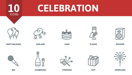 Celebration icon set. Contains editable icons party theme such as party balloons, cake, speaker and more.