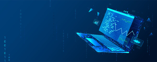 Software, web development, programming concept. Abstract programming language and program code on a laptop screen. Web development, coding, and programming. Polygonal style.