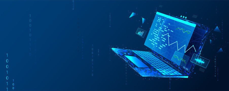 Software, web development, programming concept. Abstract programming language and program code on a laptop screen. Web development, coding, and programming. Polygonal style.