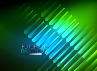 Bright neon color techno abstract background, shiny glowing neon lines in the dark background