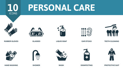 Personal Care icon set. Contains editable icons personal hygiene theme such as rubber gloves, liquid soap, teeth cleaning and more.