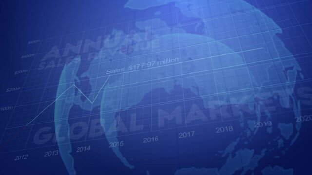 Stylish finance-theme motion graphics background, with rotating world globe, financial charts and rising sales indicator