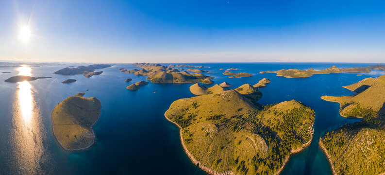 Aerial view of Kornati island archipelago at sunrise. Kornati National Park, Croatia.