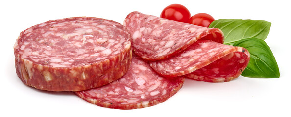 Salami smoked sausage, Traditional dry-cured Milano salami, isolated on white background. High resolution image.
