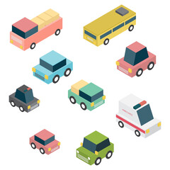 Vehicles isometric 3d style. Cute car set. Transport icon. Vector illustration.