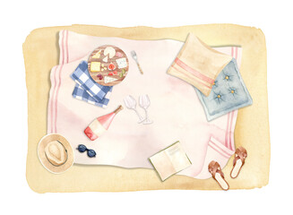 Picnic blanket with pillows, wooden tray with food, snacks, wine - Watercolor hand painted illustration