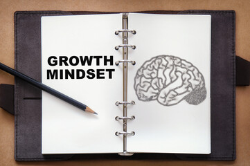 Top view of brain drawing and growth mindset written on organizer book with pencil on working desk....