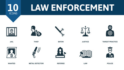 Law Enforcement icon set. Contains editable icons police theme such as jail, baton, target practice and more.