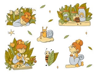 Summer vector set of hand-drawn elements - cute girl, flowers, leaves, bee, stars, snail. Perfect for web, card, poster, cover, tag, invitation, sticker kit.