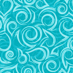 Vector turquoise geometric seamless pattern of flowing spirals curls and corners.Vector nautical geometric seamless texture of smooth and broken lines.Stylized turquoise pattern of water flow or waves