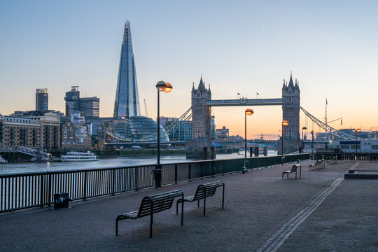 London skyline at dusk with Tower Bridge and The Shard