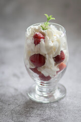 Strawberry dessert with whipped cream. Summer delicious, sweet dessert.