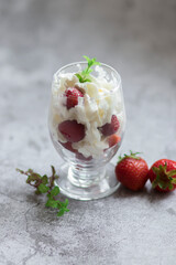 Strawberry dessert with whipped cream. Summer delicious, sweet dessert.