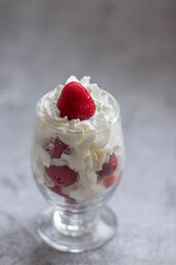 Strawberry dessert with whipped cream. Summer delicious, sweet dessert.