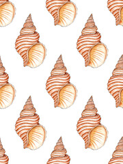 Watercolor illustration of a seamless pattern of marine spiral seashells in beige colors. Endlessly repeating marine background. Isolated on white background. Drawn by hand.