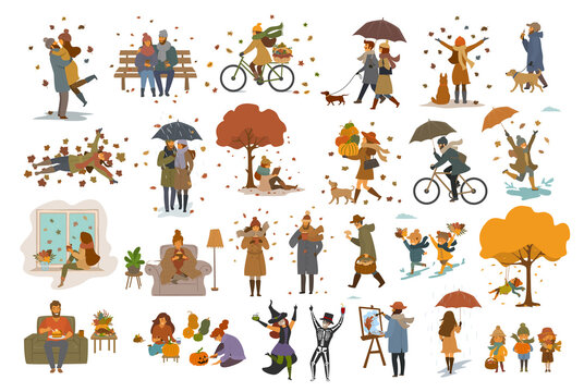 autumn fall thanksgiving halloween people outdoor and at home cartoon set, man woman couples children walk with umbrellas, dogs, in the park, ride bikes, read book, sit on bench, lying on leaves