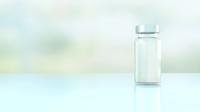 Le flacon d'injection pos&eacute; sur la table, peut contenir un vaccin ou une autre solution. Les personnes qui marchent peuvent &ecirc;tre des chercheurs, ou des patients. Rendu 3D