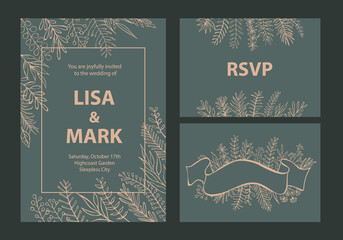elegant khaki and beige colored wedding invitations templates set with floral leaf branches twigs