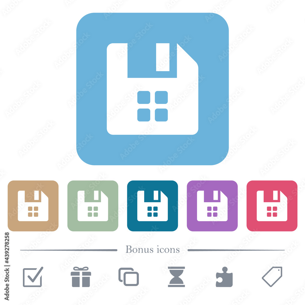 Poster file components flat icons on color rounded square backgrounds
