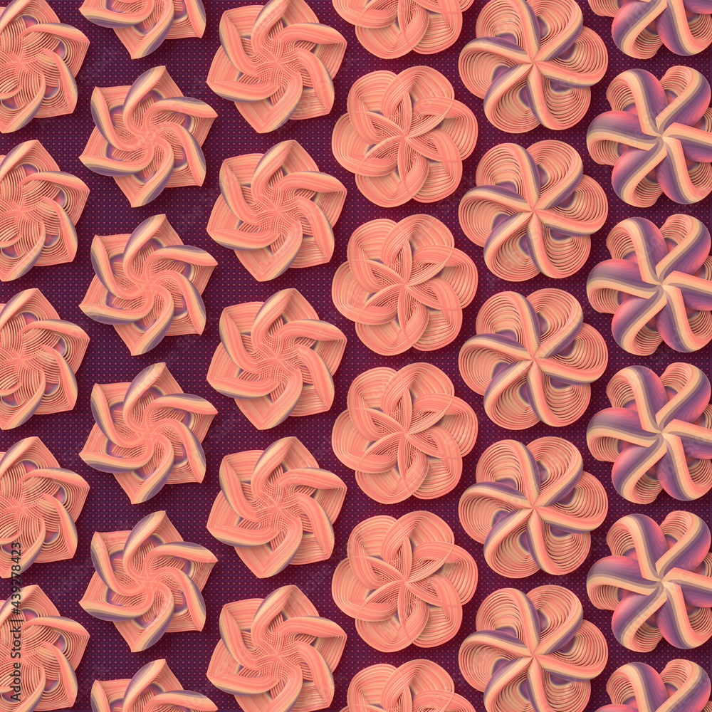 Poster Multi colored simple geometric stylized pattern of flowers. 3d rendering illustration. Minimal abstract background