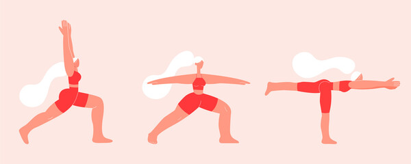 A beautiful girl doing the warrior pose. Virabhadrasana. Yoga girl. Online courses, education. Vector illustration in flat style. Eps 10.