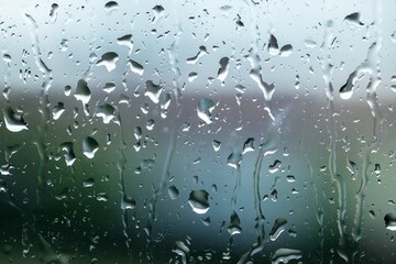 Streams of raindrops on window glass
