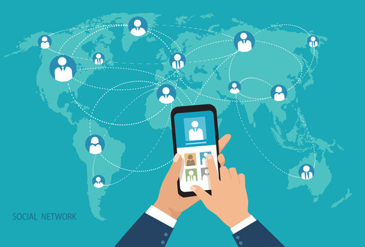 Social media network concept with human hand with mobile phone on background, people connecting all over the world.
