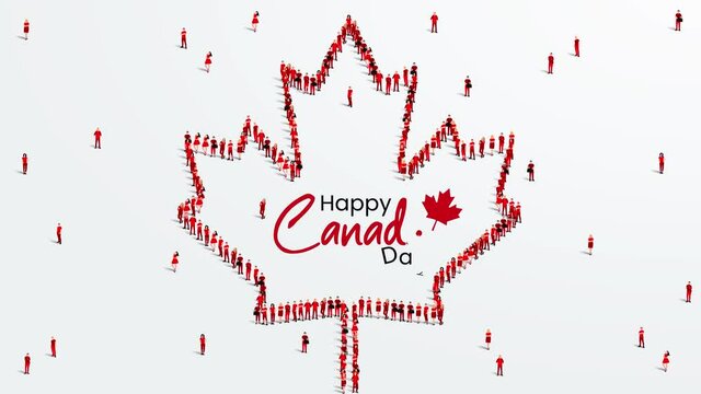Happy Canada Day Greeting Animation Video. A large group of people forms to create a maple leaf. 1st of July celebration background.
