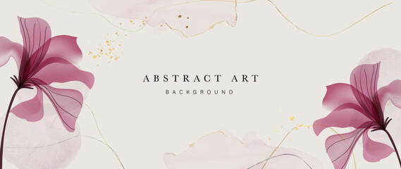Fototapeta na wymiar Abstract art background vector. Luxury minimal style wallpaper with golden line art flower and botanical leaves, Organic shapes, Watercolor. Vector background for banner, poster, Web and packaging.