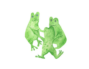Watercolor cute green frogs isolated background. Mystical illustration for halloween hand painted. Design for social media, cards, packaging, sticker, invitation card, web,print.