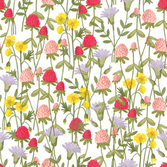 Cute seamless pattern in the Victorian style: lots of wildflowers on a white background: bluebells, buttercups, clover. Handmade watercolor drawing. - 439279662
