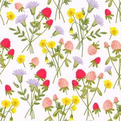 Cute seamless pattern in Victorian style: bouquets of wild flowers: bluebells, buttercups, clover. Watercolour hand drawing. - 439279682