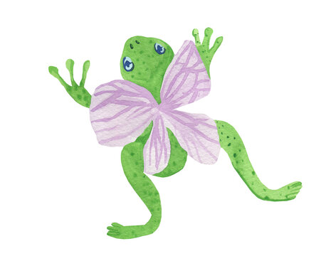 Watercolor cute green fairy frog with wings isolated background. Mystical illustration for halloween hand painted. Design for social media, cards, packaging, sticker, invitation card, web,print.