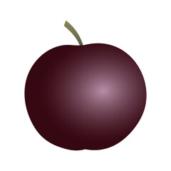 Isolated round flat art plum with a stem in purple and ruby color on white background