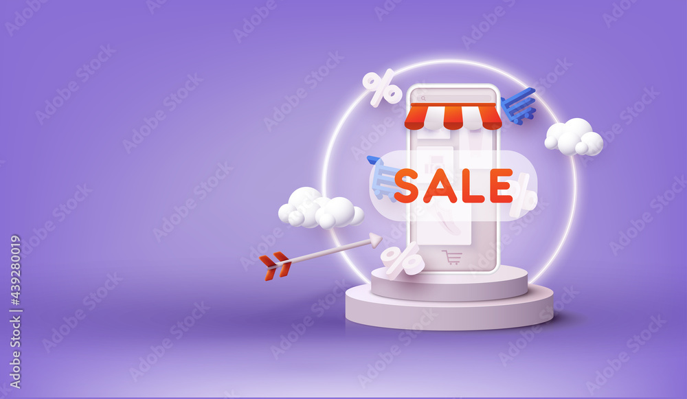 Poster online shopping concept. 3d web vector illustrations. discount banner design with 3d rendering.