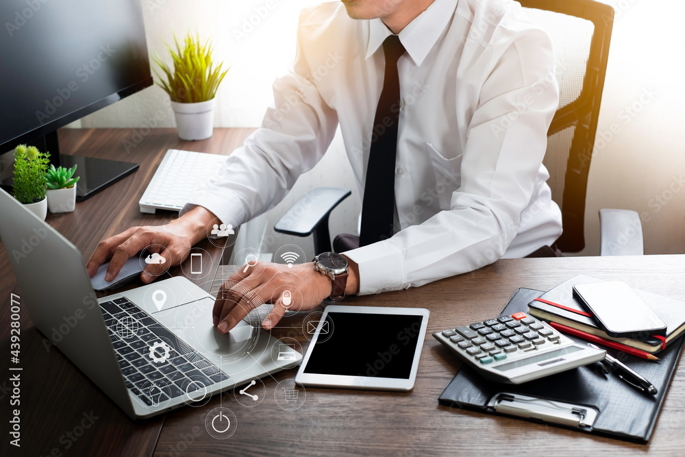 Poster digital marketing technology on network communication. businessman hands working with laptop compute