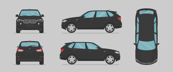 Vector black suv car. Side view, front view, back view, top view. Cartoon flat illustration, car for graphic and web