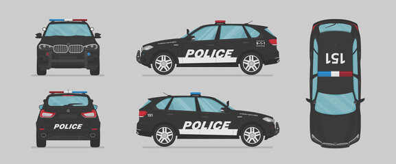 American police car. Side view, front view, back view, top view. Cartoon flat illustration, auto for graphic and web © Rimsky