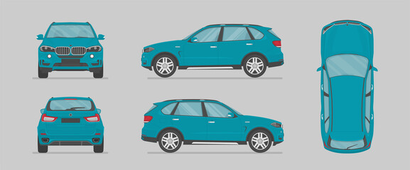 Vector blue suv car. Side view, front view, back view, top view. Cartoon flat illustration, car for graphic and web