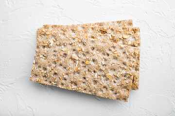 Crunchy crispbread Healthy snack, on white stone table background, top view flat lay