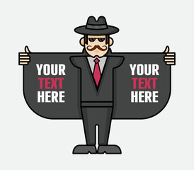 Funny spy vector character opens his coat. Secret Party Concept mascot.