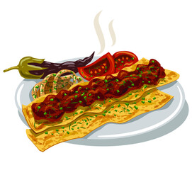 Illustration of the traditional hot Turkish Adana kebab with pita, tomatoes, and onion on the plate